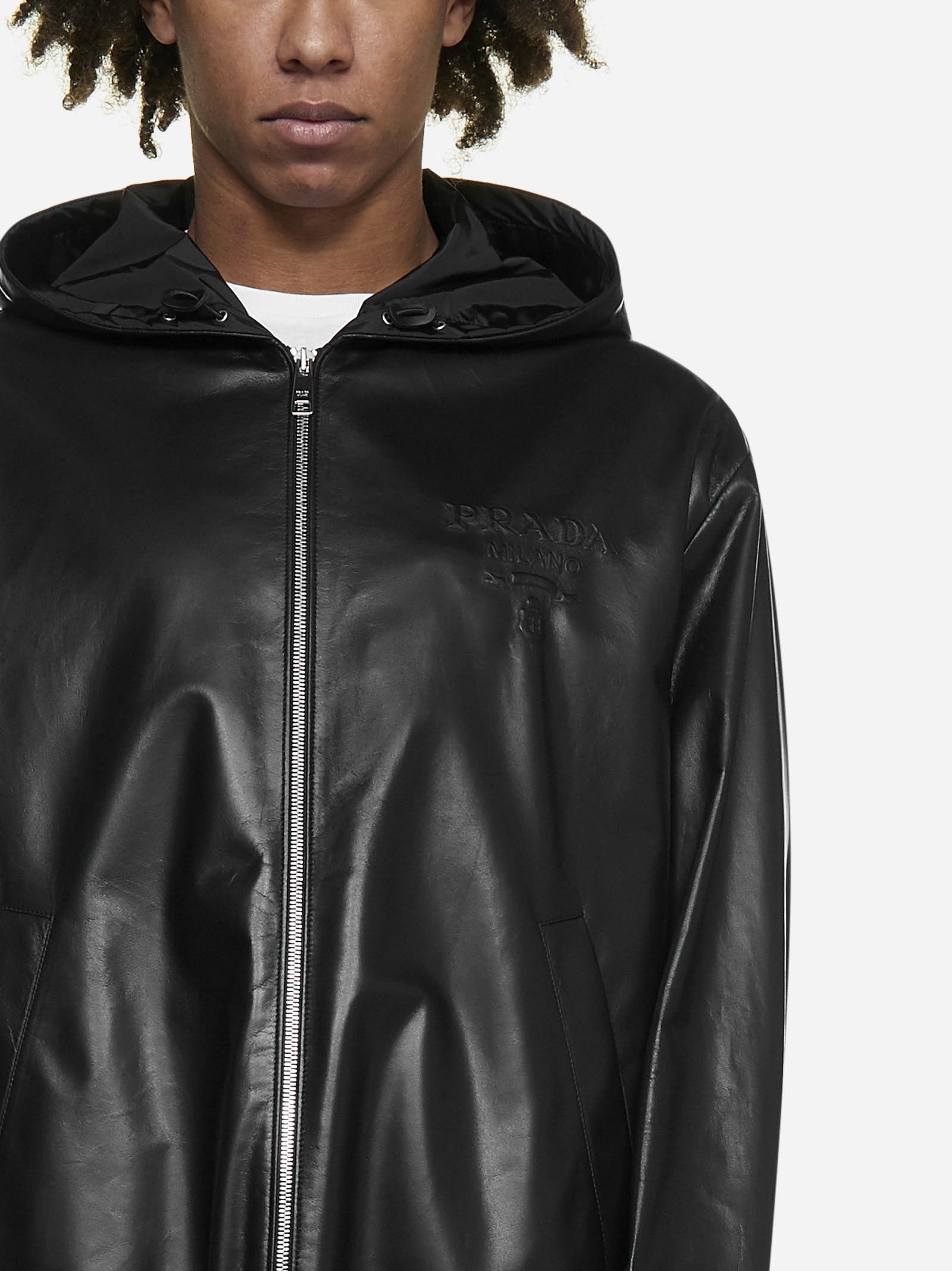 Prada Debossed-logo Hooded Leather Jacket In Black