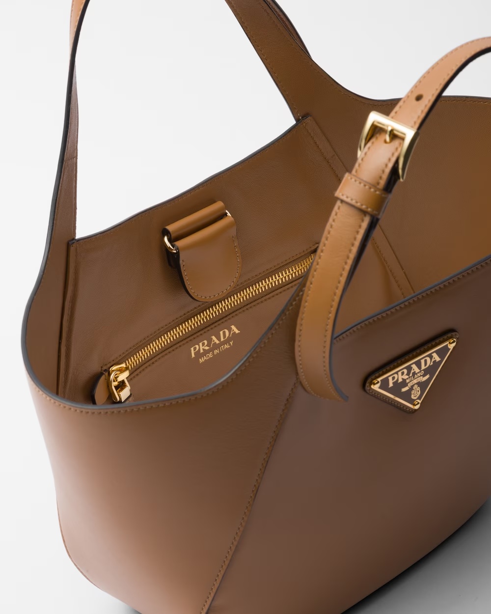 Prada Medium Enamel Triangle Logo Leather Tote Bag In Brown