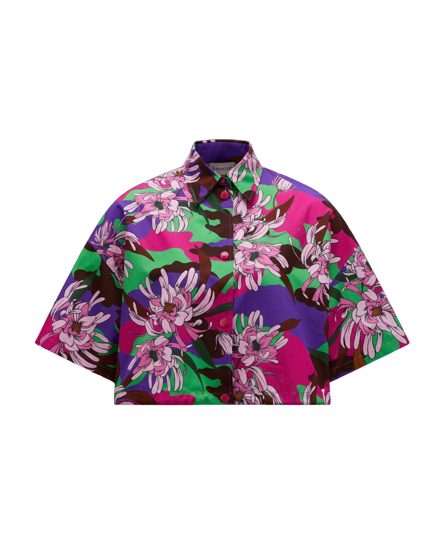 Moncler Cropped Floral-print Cotton-poplin Shirt In Black