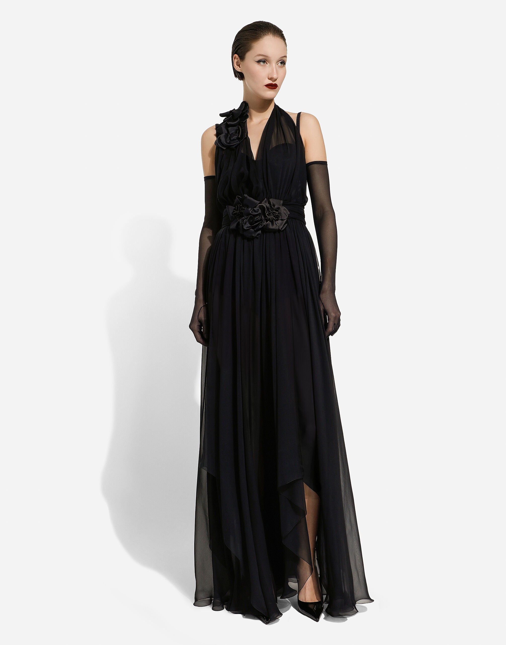 Dolce & Gabbana Long Chiffon Dress With Boning In Black