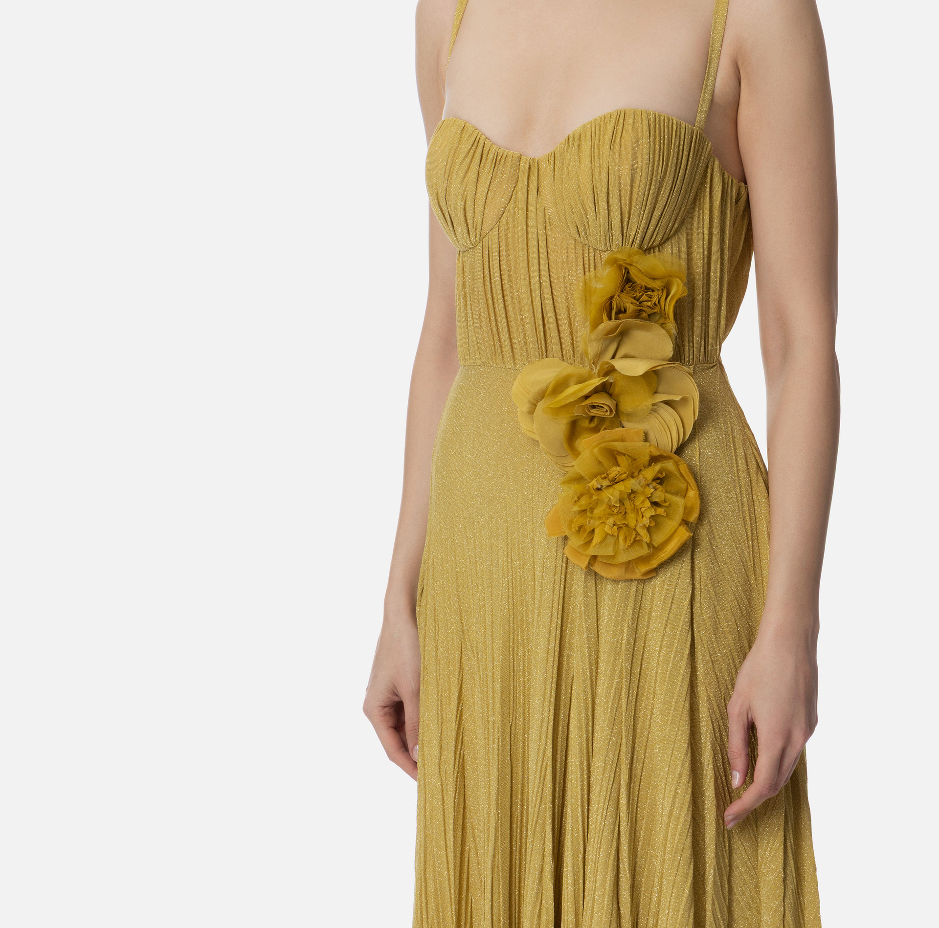Elisabetta Franchi Red Carpet Dress Made Of Lurex Jersey Fabric With Embroidered Flower In Curry Color