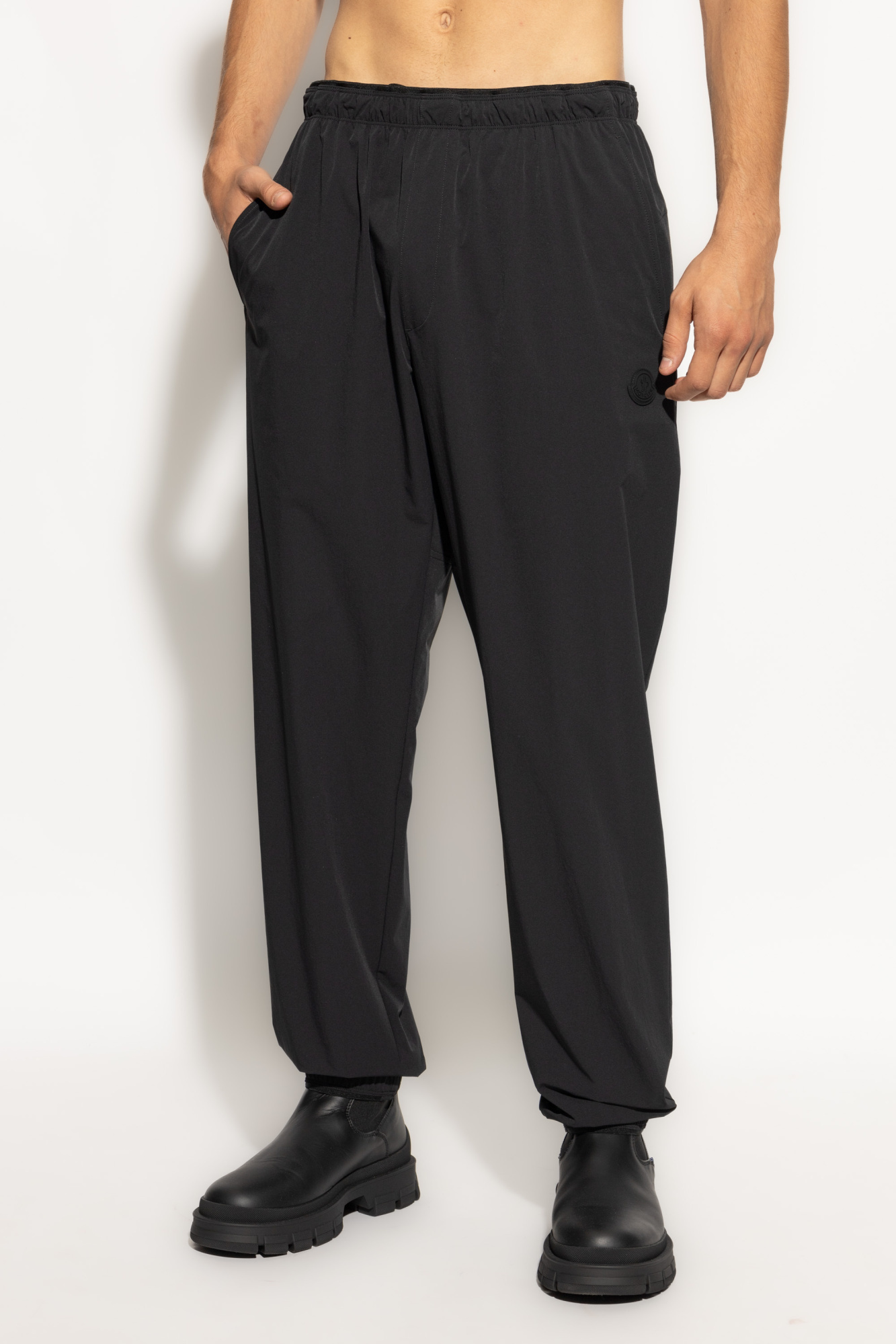 Moncler Black Embroidered Logo Trousers In Black