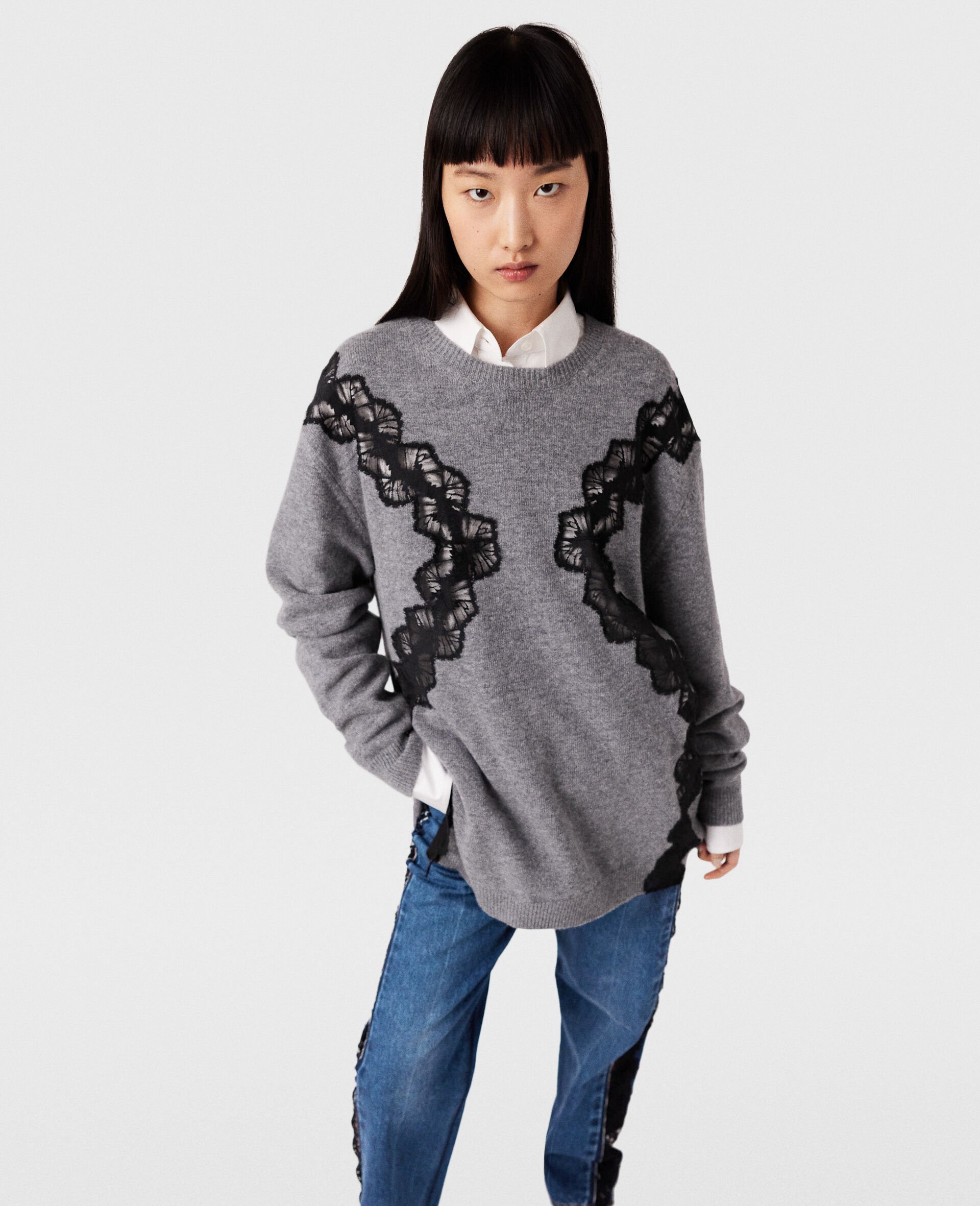 Stella Mccartney Lace-detailed Knitted Mini Dress In Gray