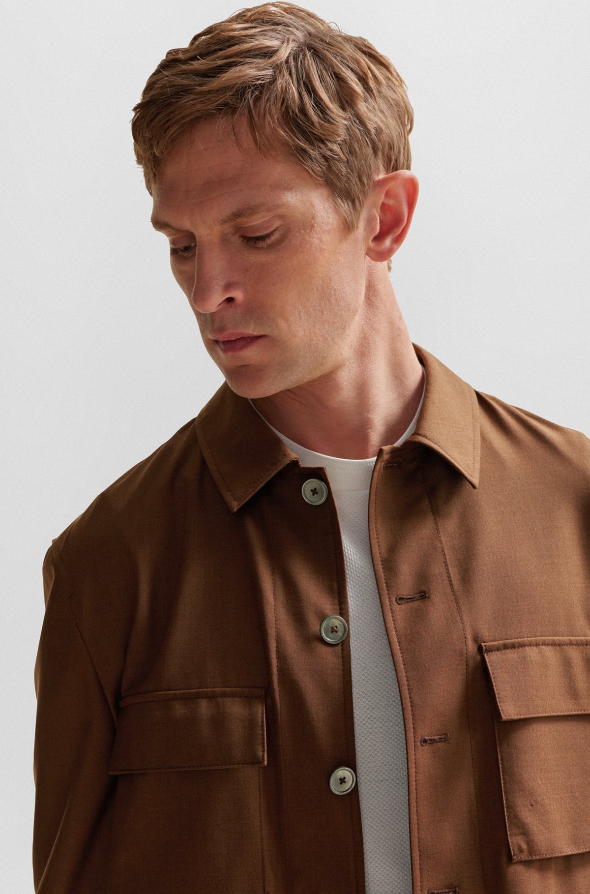 Hugo Boss Mélange-effect Shirt Jacket In Brown