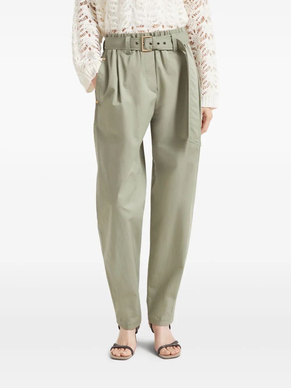 Brunello Cucinelli Women Stretch Cotton Gabardine Baggy Belted Pull On Pants In Sage Green