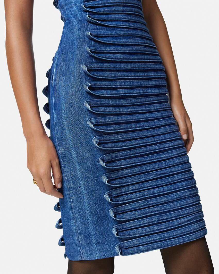 Versace Cotton Denim Midi Dress In Blue