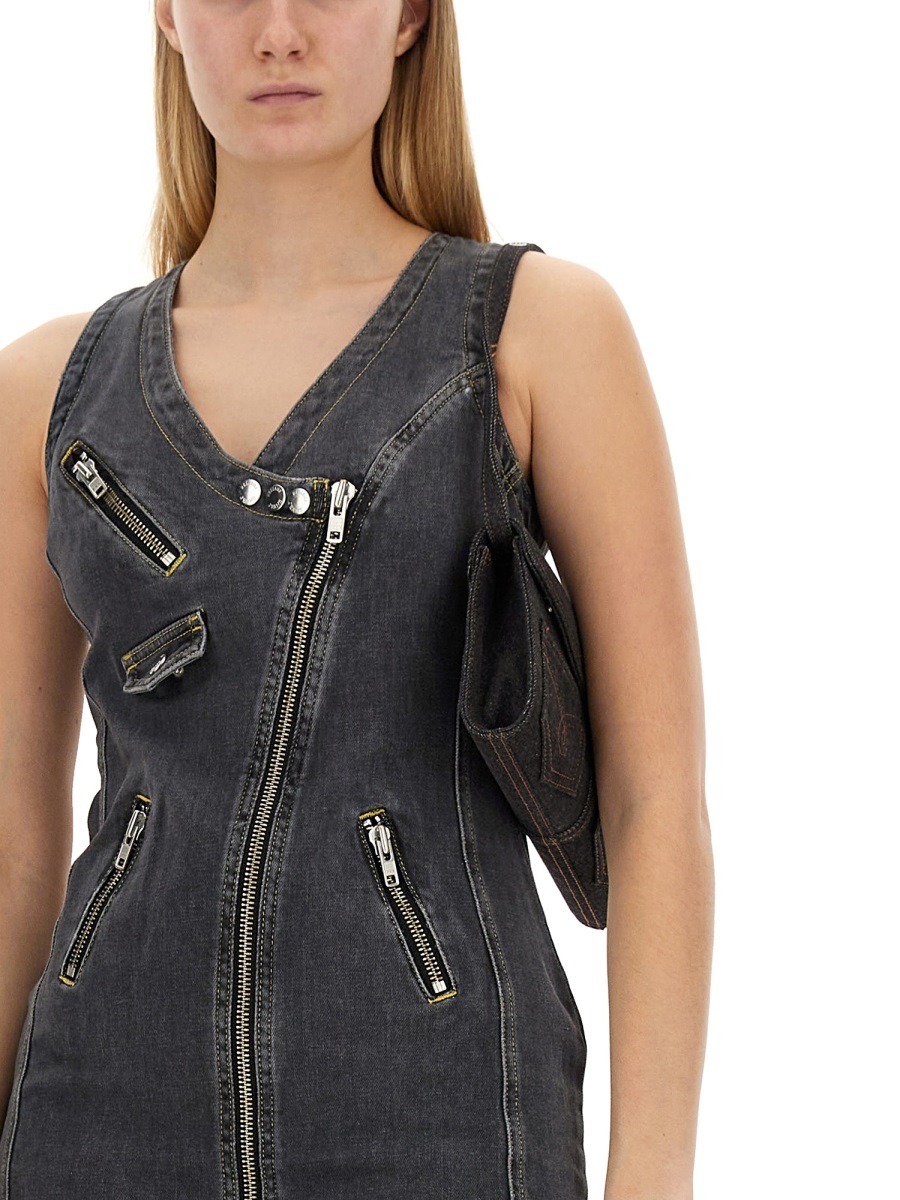 Moschino Fitted V-neck Mini Dress With Decorative Zippers In Gray