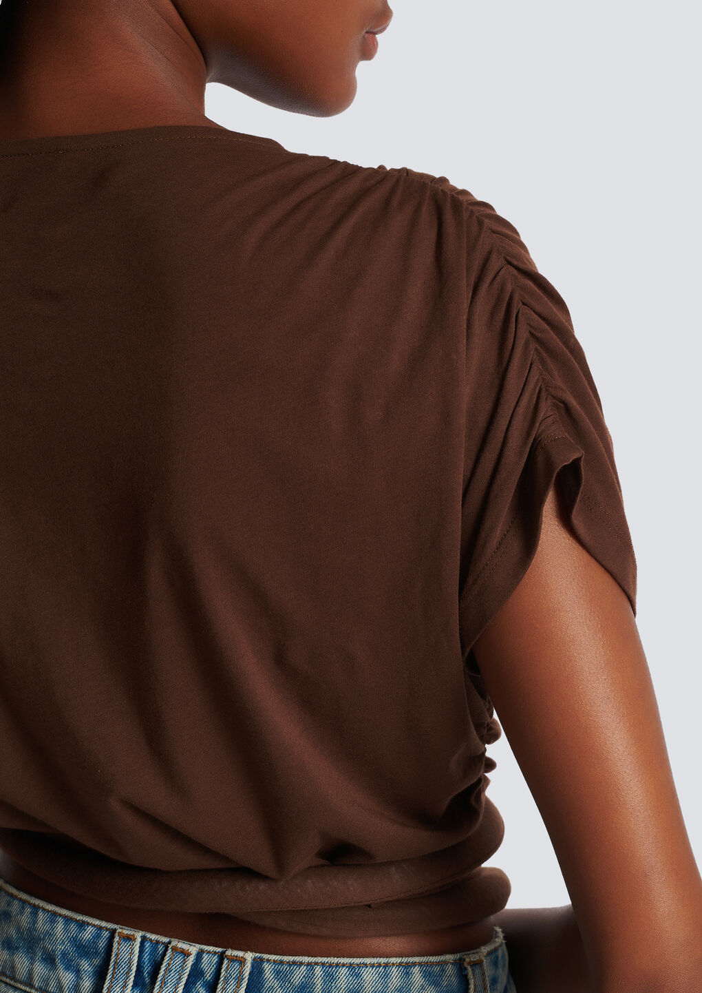 Shop Balmain Draped Jersey Crop Top In Brown