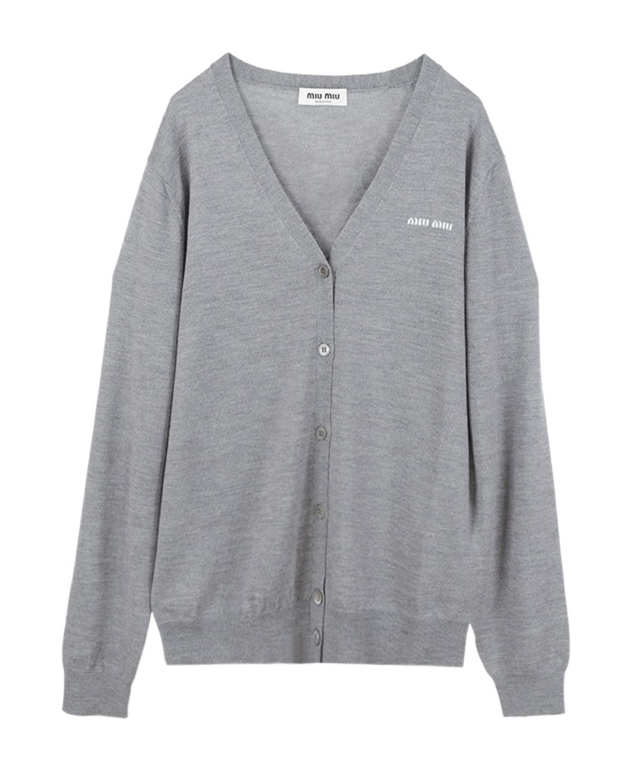 Miu Miu Long-sleeved V-neck Knitted Sweater In Gray