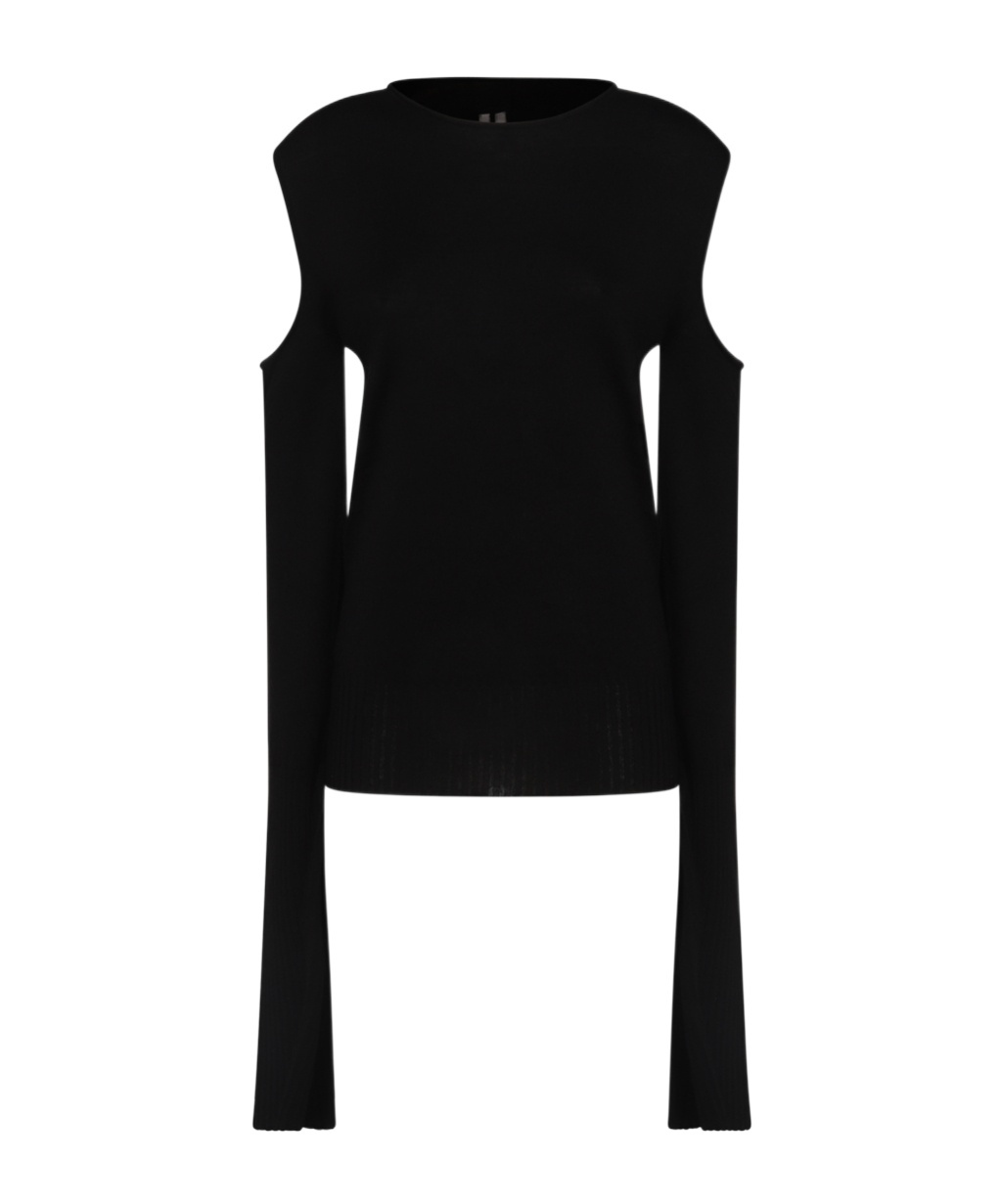 Rick Owens Long Sleeve Wool Knit Top W/cutouts In Black