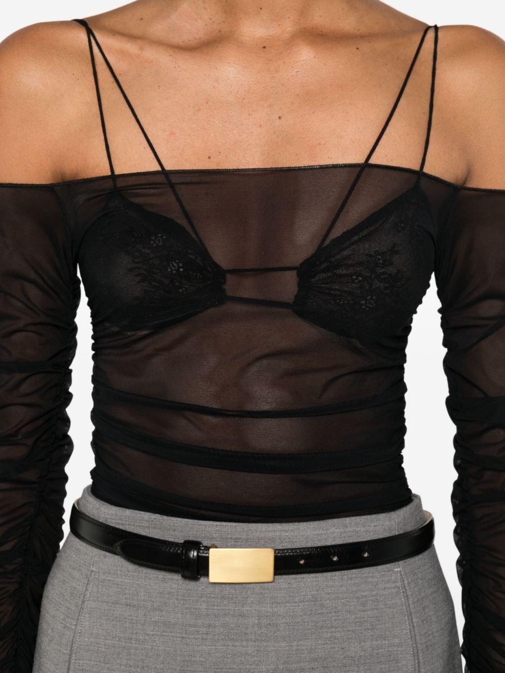 Amazuìn Semi-transparent Off-the-shoulder Top With Ruched Detailing In Black