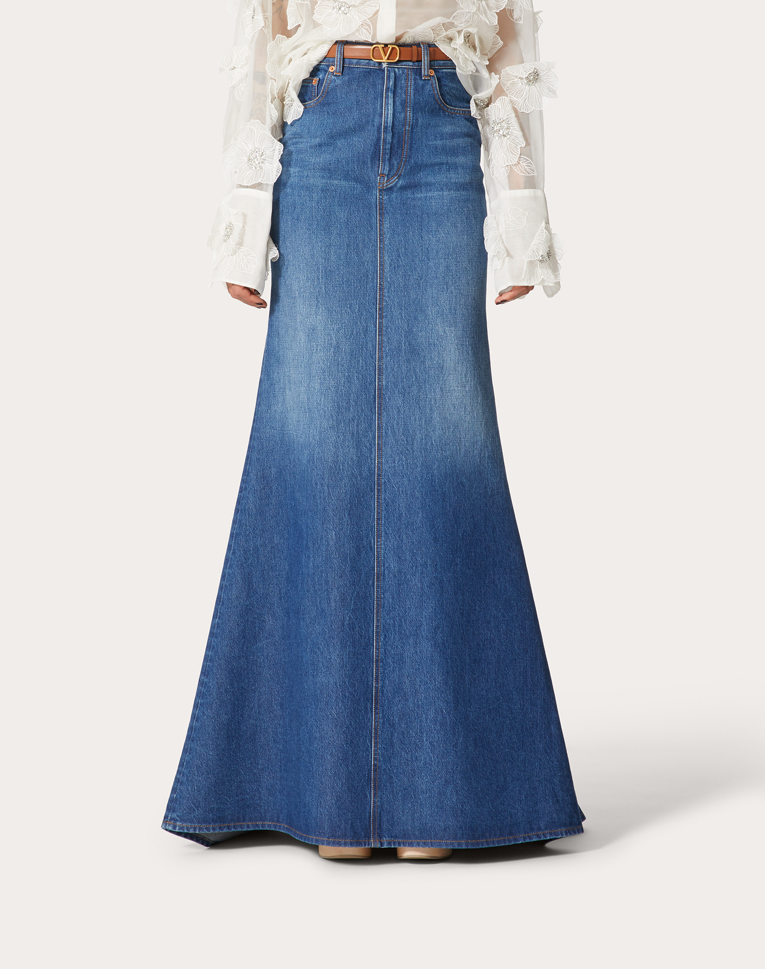 Valentino High Waist Denim Long Skirt In Blue