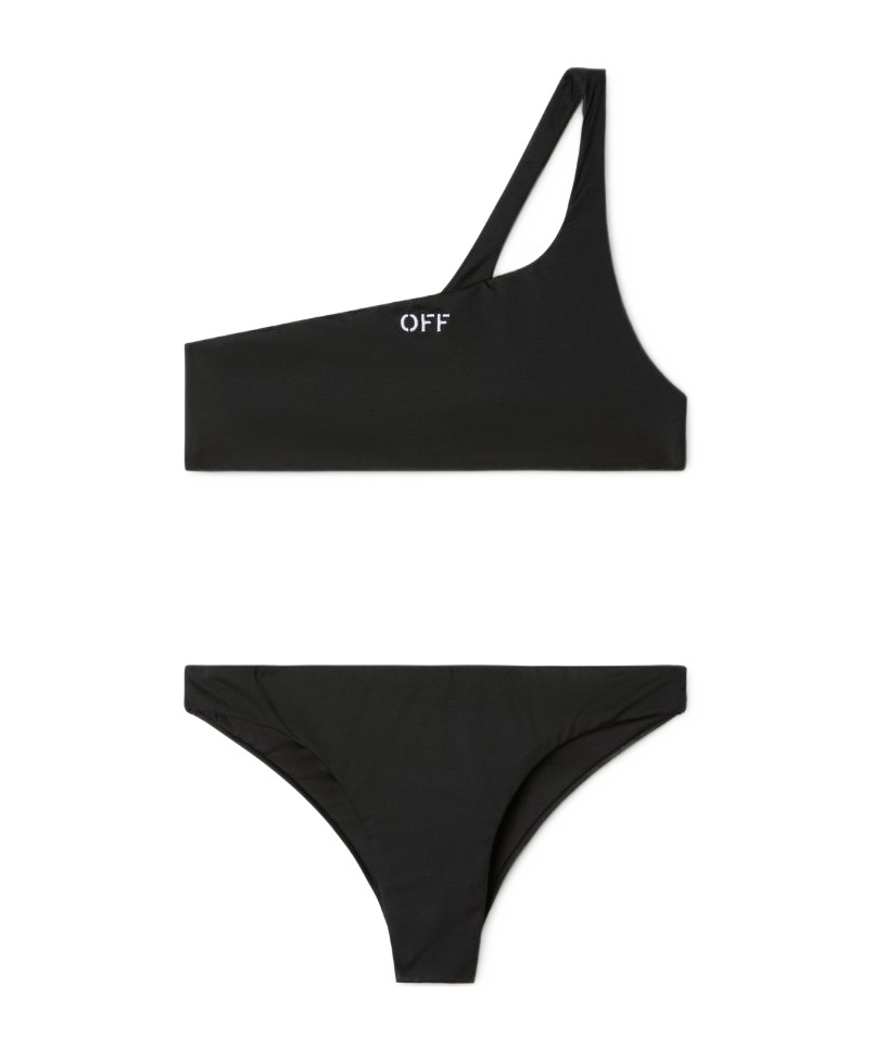 Off-white One Shoulder Bikini Set With Embrodery In Black