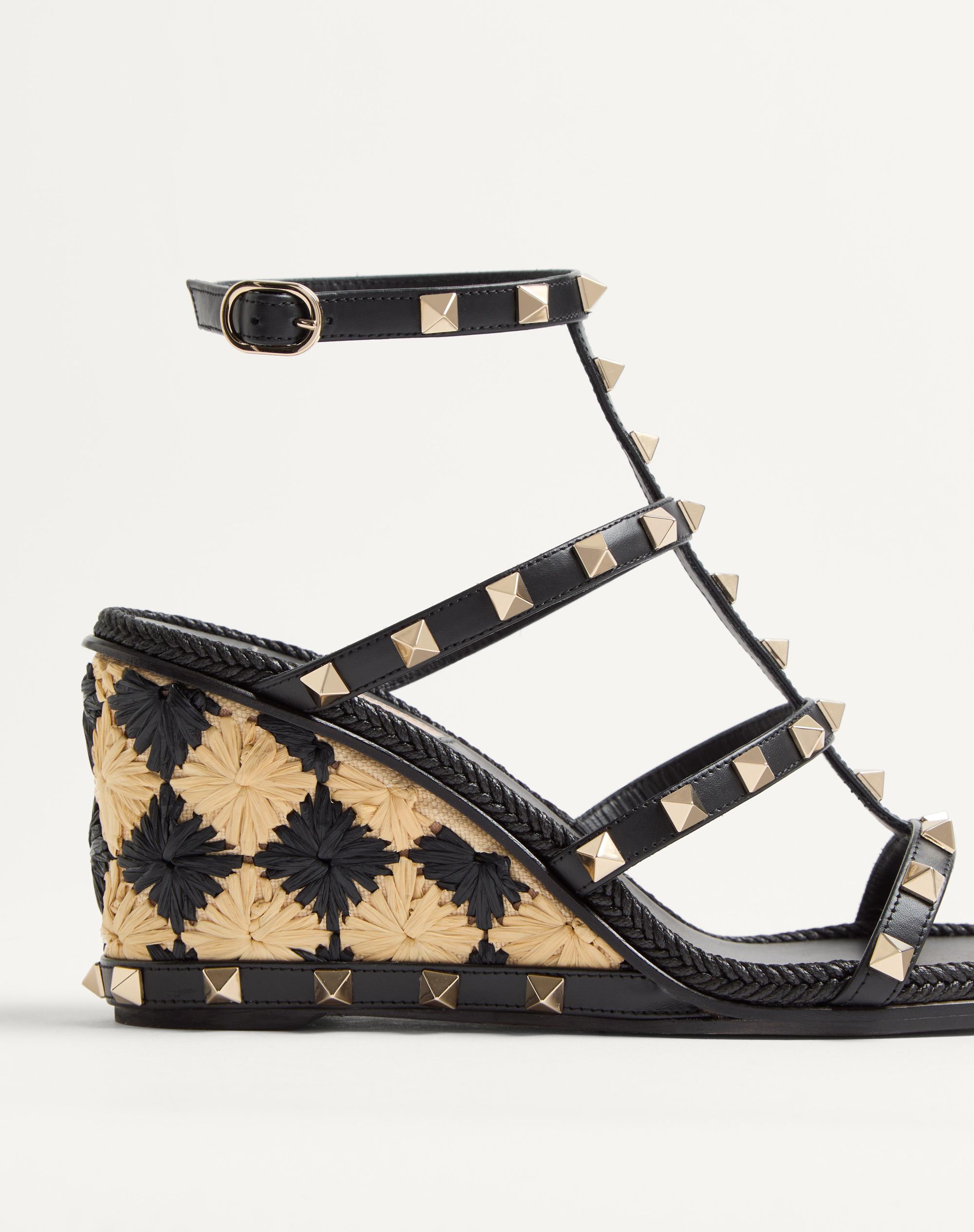 Valentino Rockstud Caged 90 Leather Ankle Strap Wedge Sandal In Black