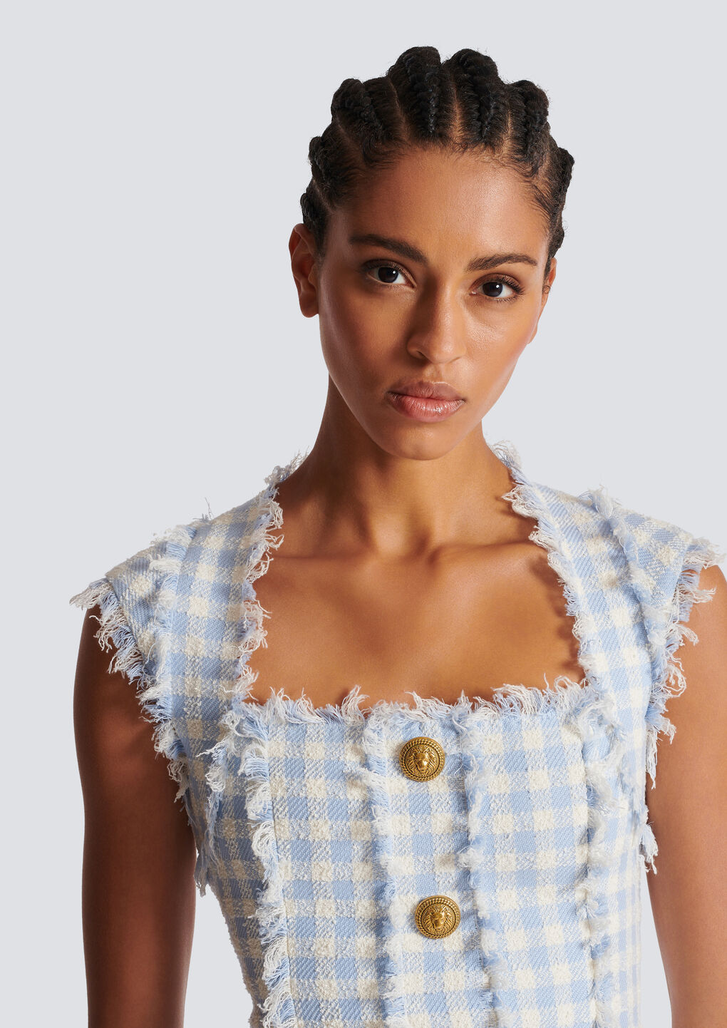 Balmain Frayed Gingham Cotton-blend Tweed Mini Dress In Blue