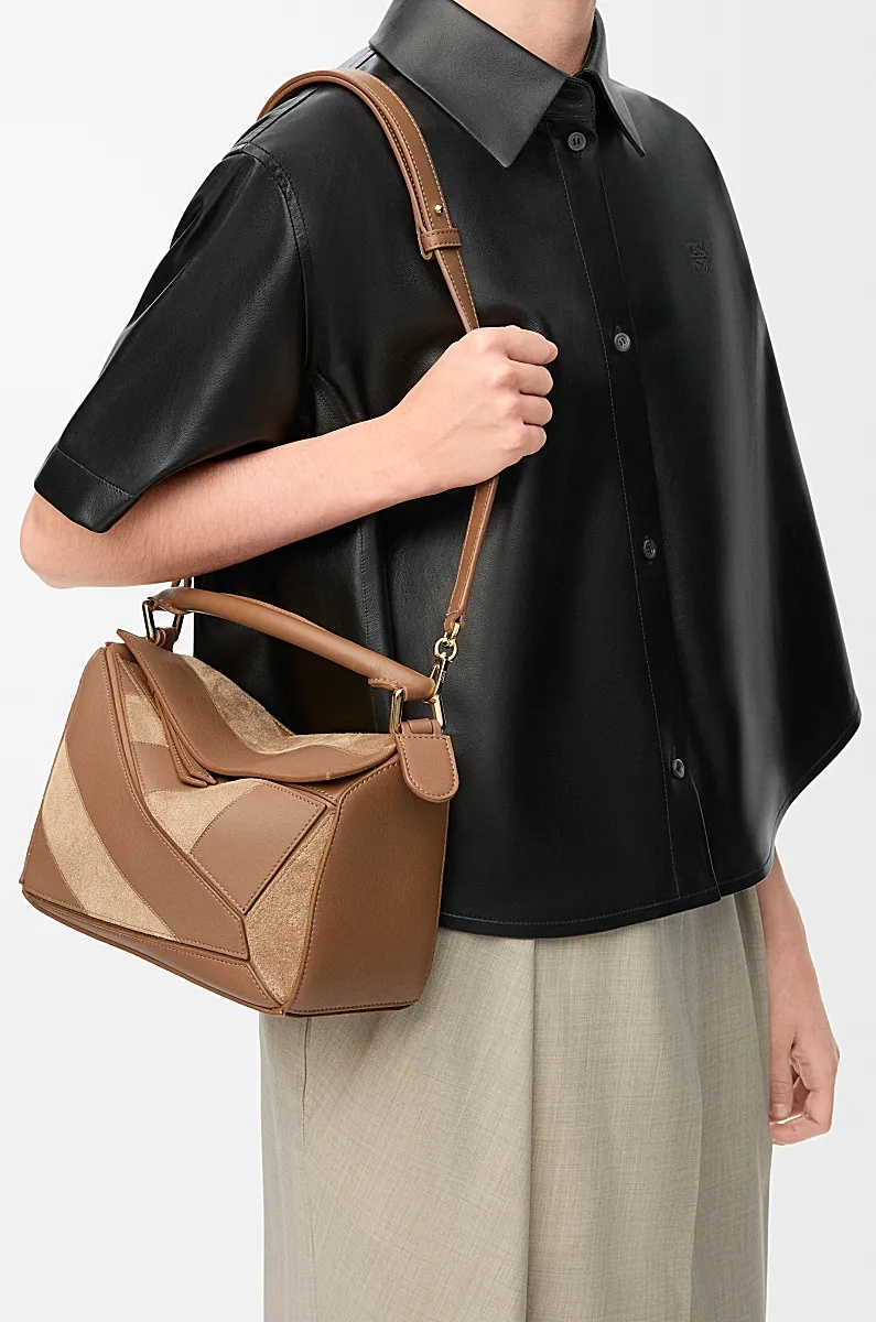 Loewe Womens Oak Puzzle Stripes Small Leather Top-handle Bag In Brown