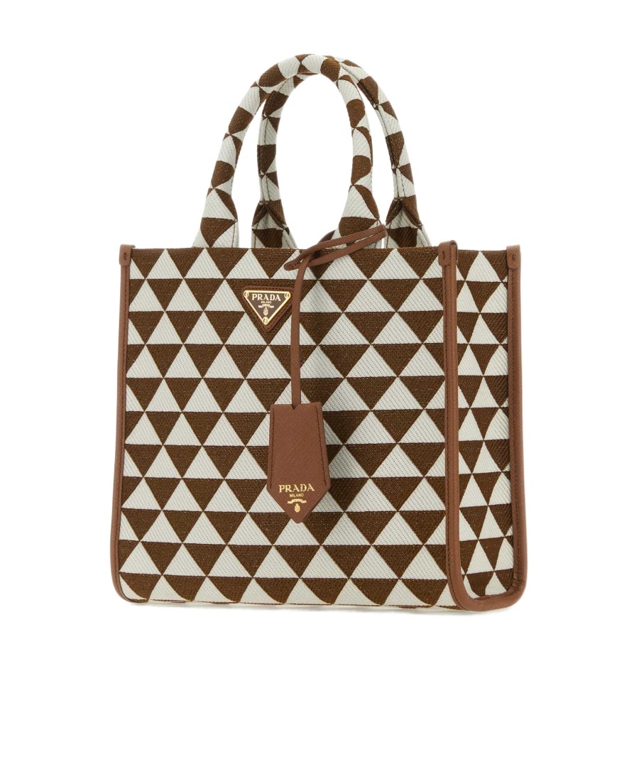 Prada Small Symbole Embroidered Fabric Handbag In Brown