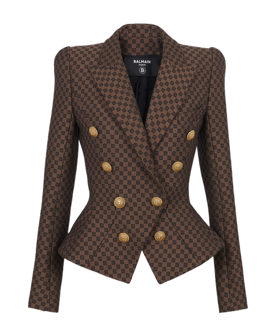 Balmain 8-button Monogram Jacquard Blazer Jacket In Brown