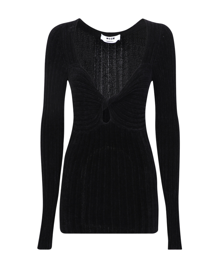 Msgm Twist-front Ribbed Long-sleeve Top In Black
