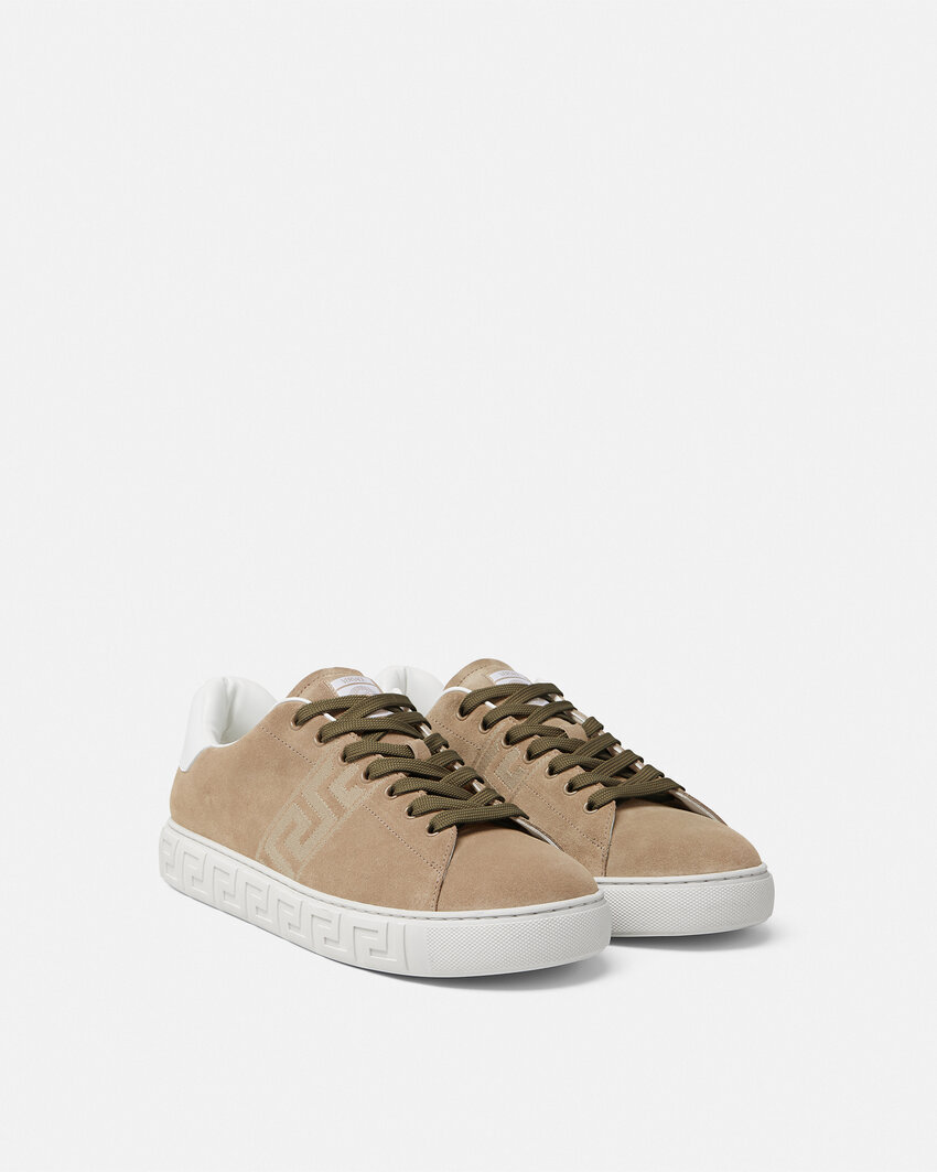 Versace Greca Suede Low Top Sneaker In Gold