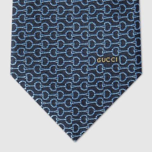 Gucci Horse Neck Button Silk Jacquard Tie In Blue