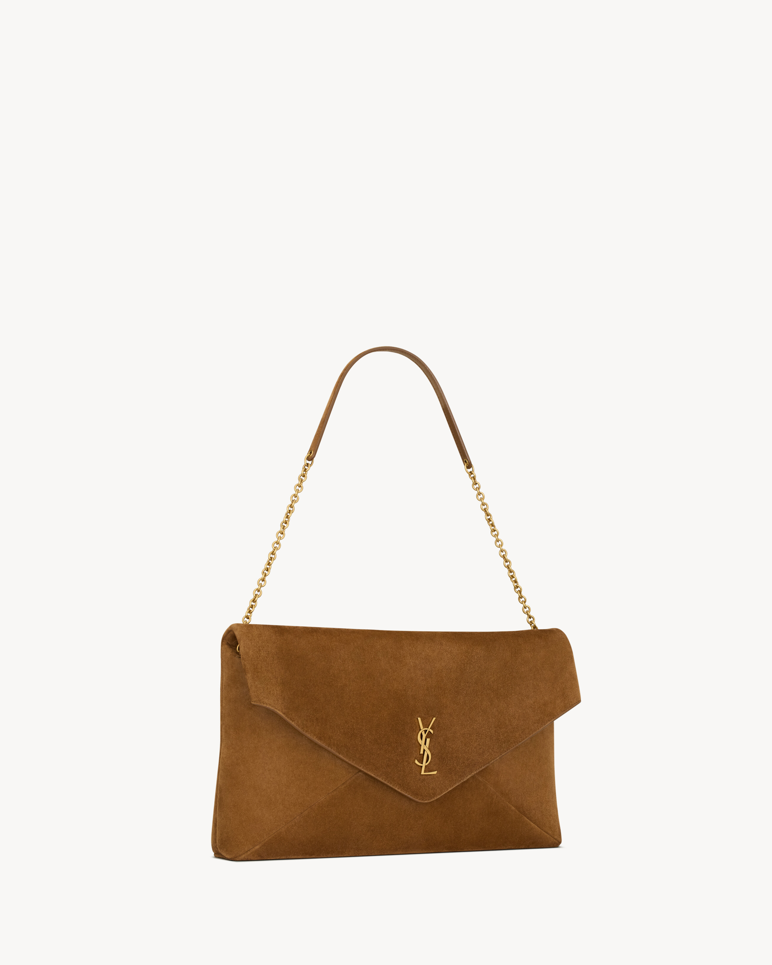 Saint Laurent Cassandre Xxl Pouch On Chain In Suede In Brown