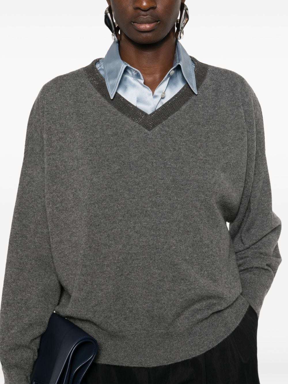 Brunello Cucinelli Knitted Cashmere V-neck Sweater With Ribbed Cuffs In Black