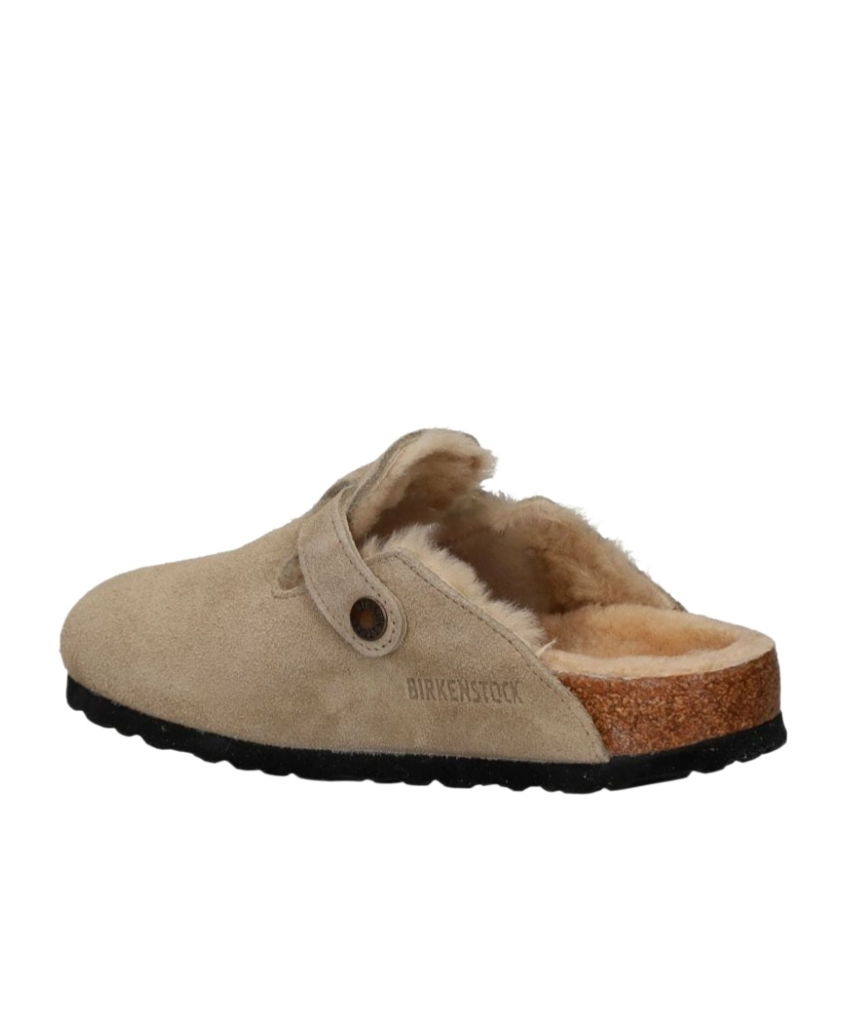 Birkenstock Boston Suede Shearling Buckle Slide Clogs In Nude