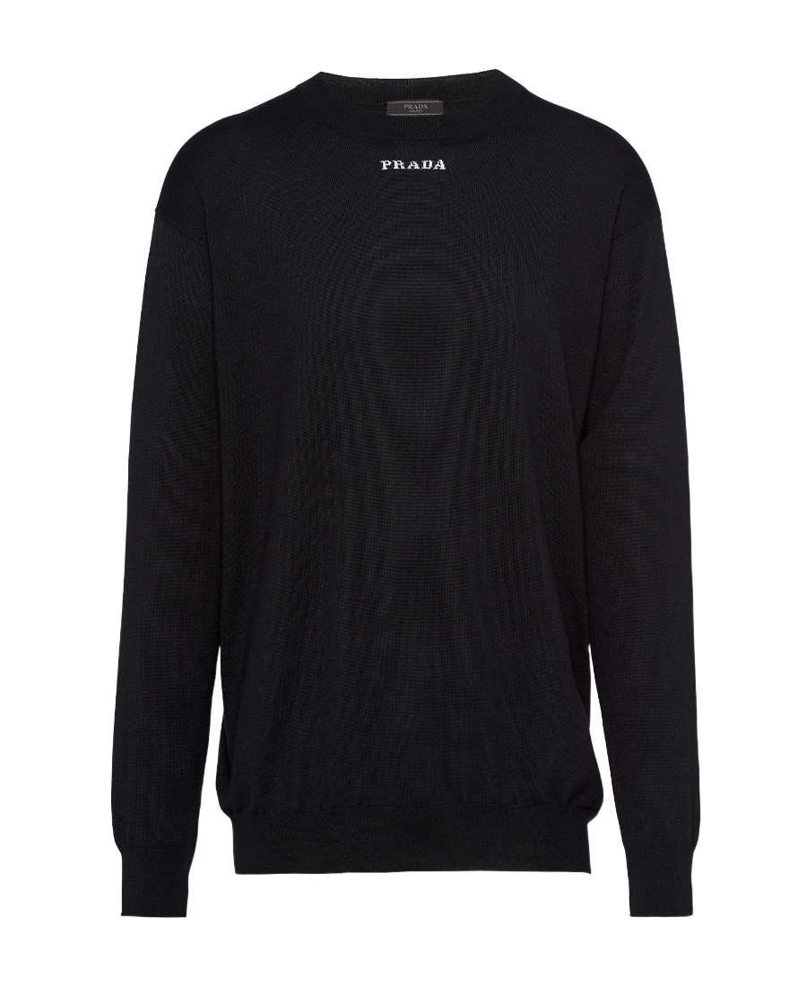 Prada Logo Intarsia Crewneck Knitted Jumper In Black