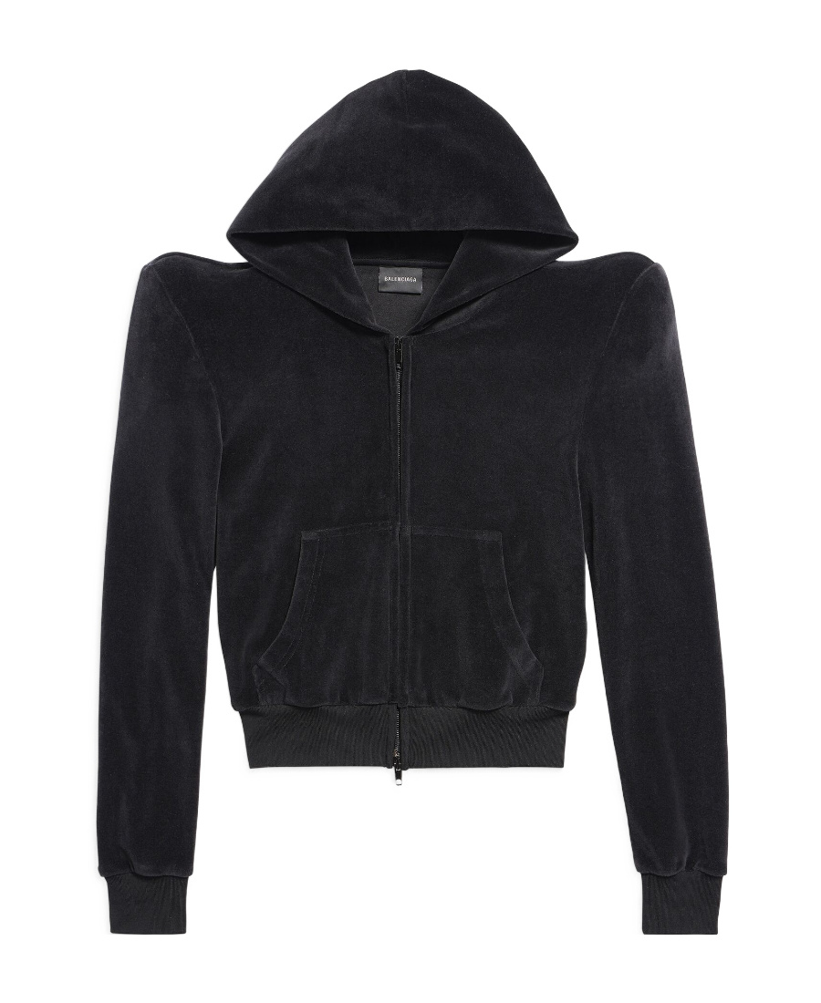 Balenciaga Crystal Embellished Velvet Zip-up Hoodie In Black