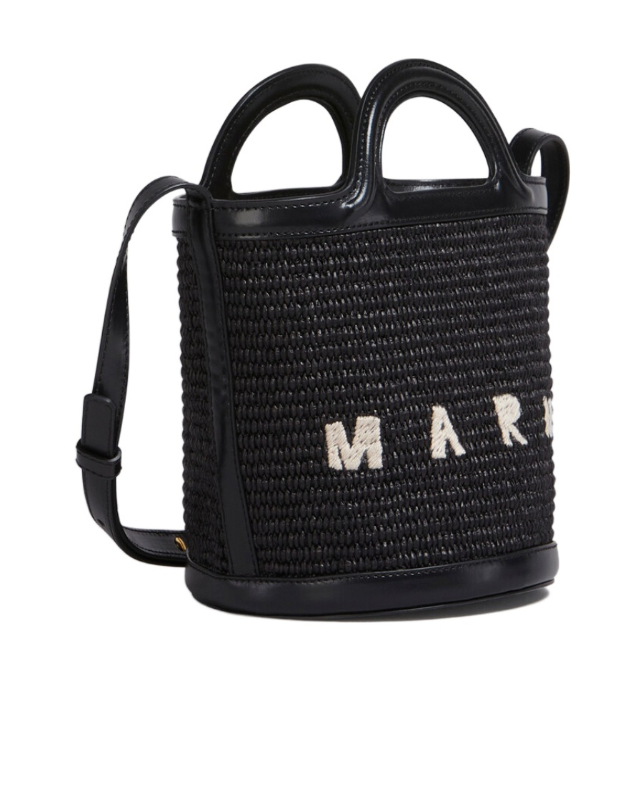 Marni Tropicalia Mini Bucket Bag In Black Leather And Raffia