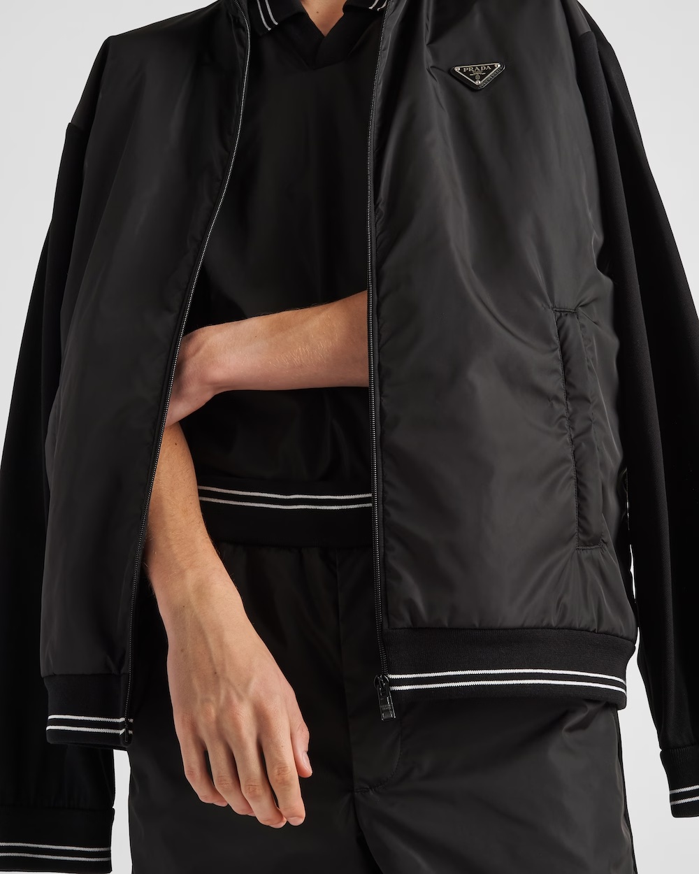 Prada Re-nylon Panelled Bomber Jacket In Black