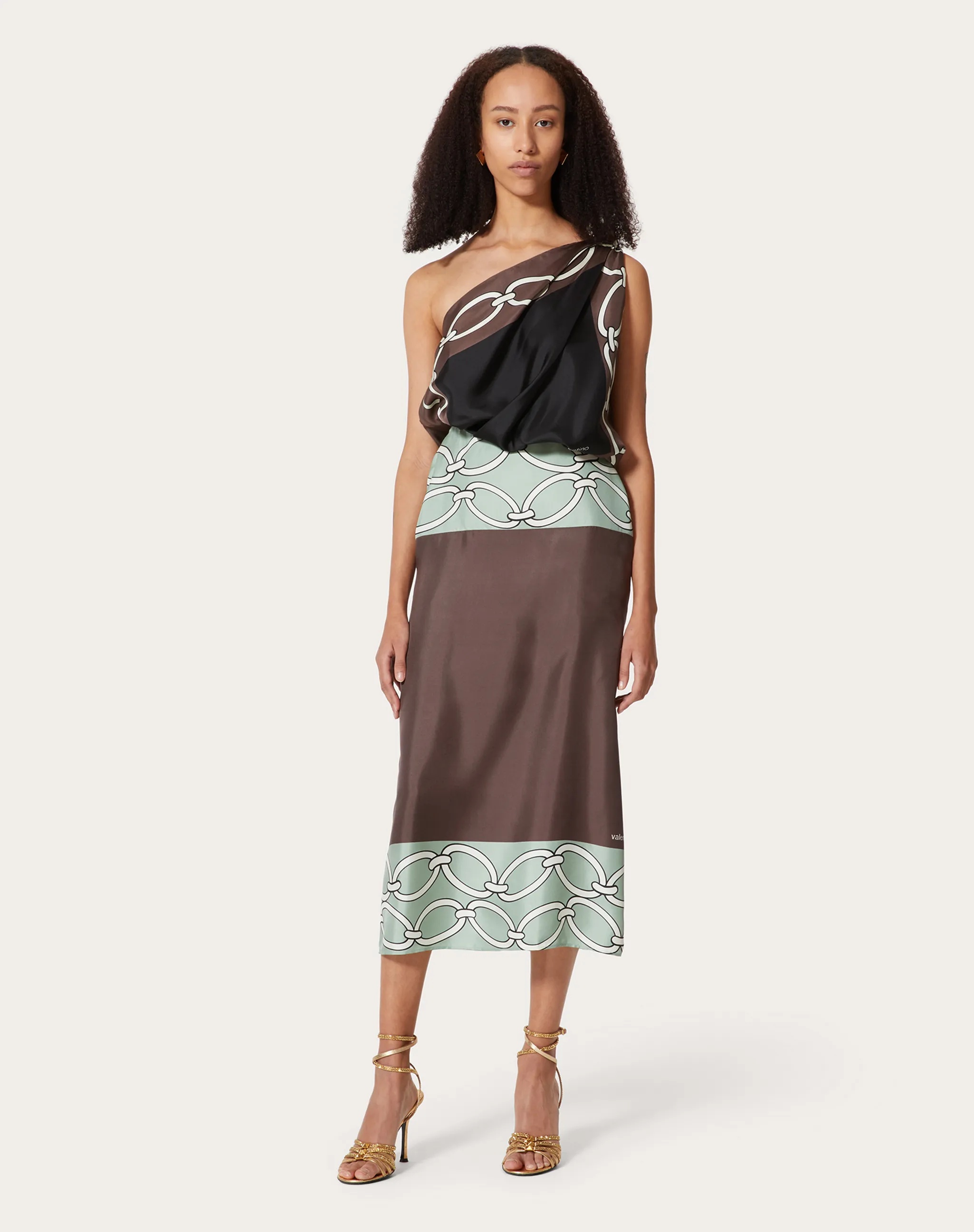 Valentino Chain-print One-shoulder Silk Midi Dress In Brown