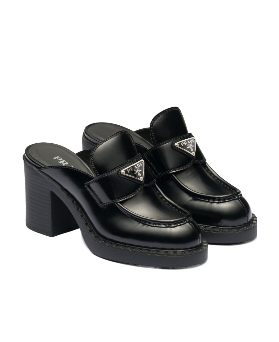 Prada Chocolate Brushed Leather Muller High-heeled Sandals In Black