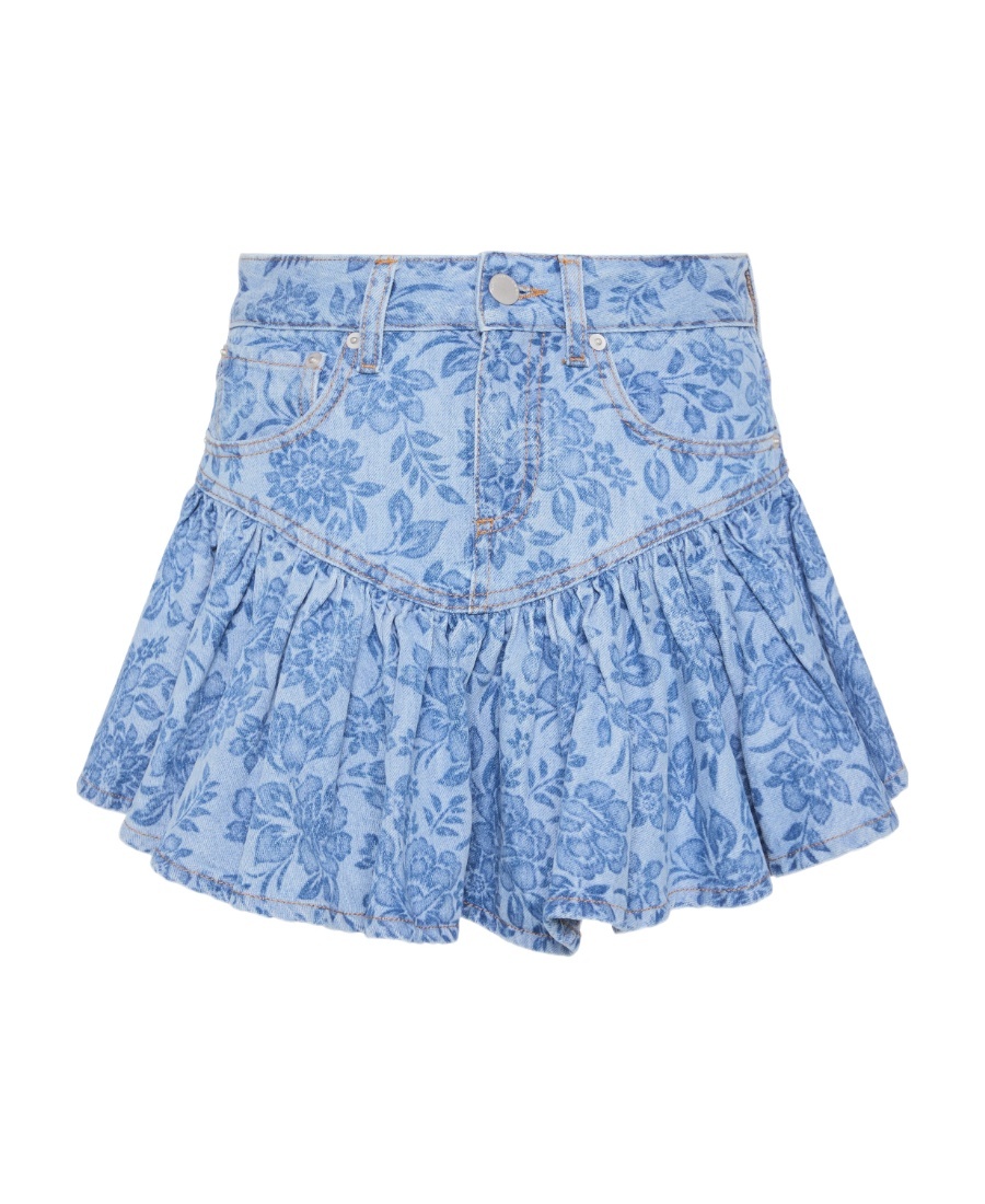ALESSANDRA RICH FLORAL-PRINT DENIM MINI SKIRT 