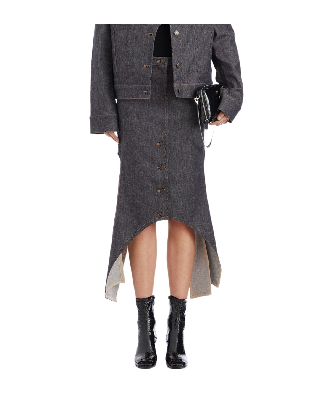 Courrèges Gray Reversed Denim Midi Skirt In Black
