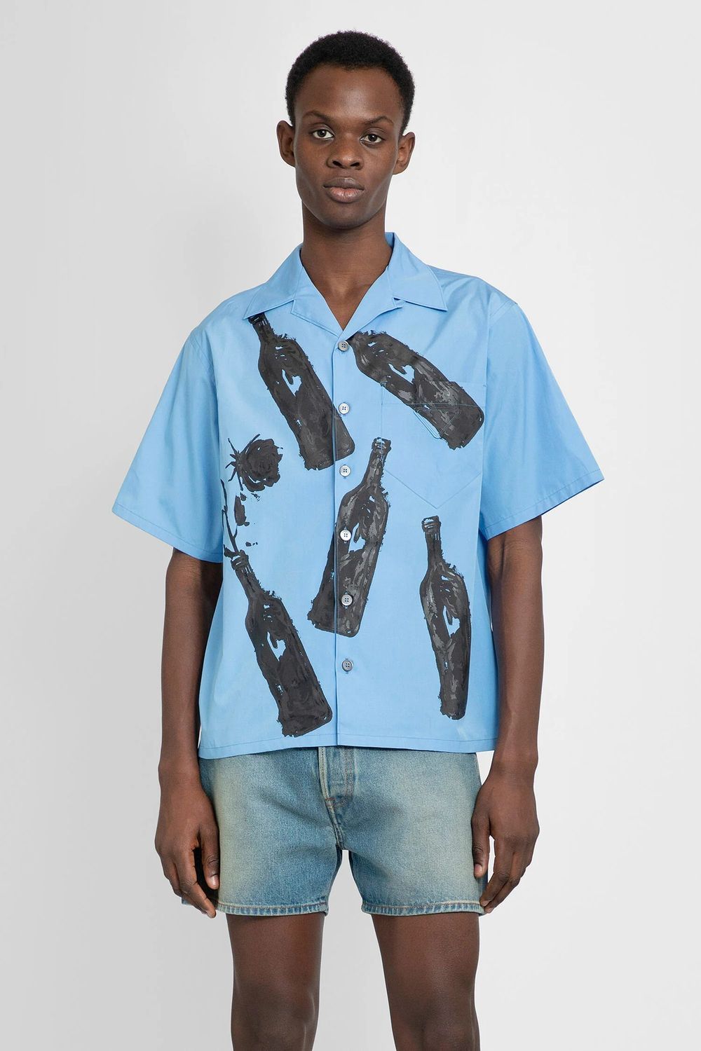 Prada Bottle-print Short-sleeve Shirt In Blue