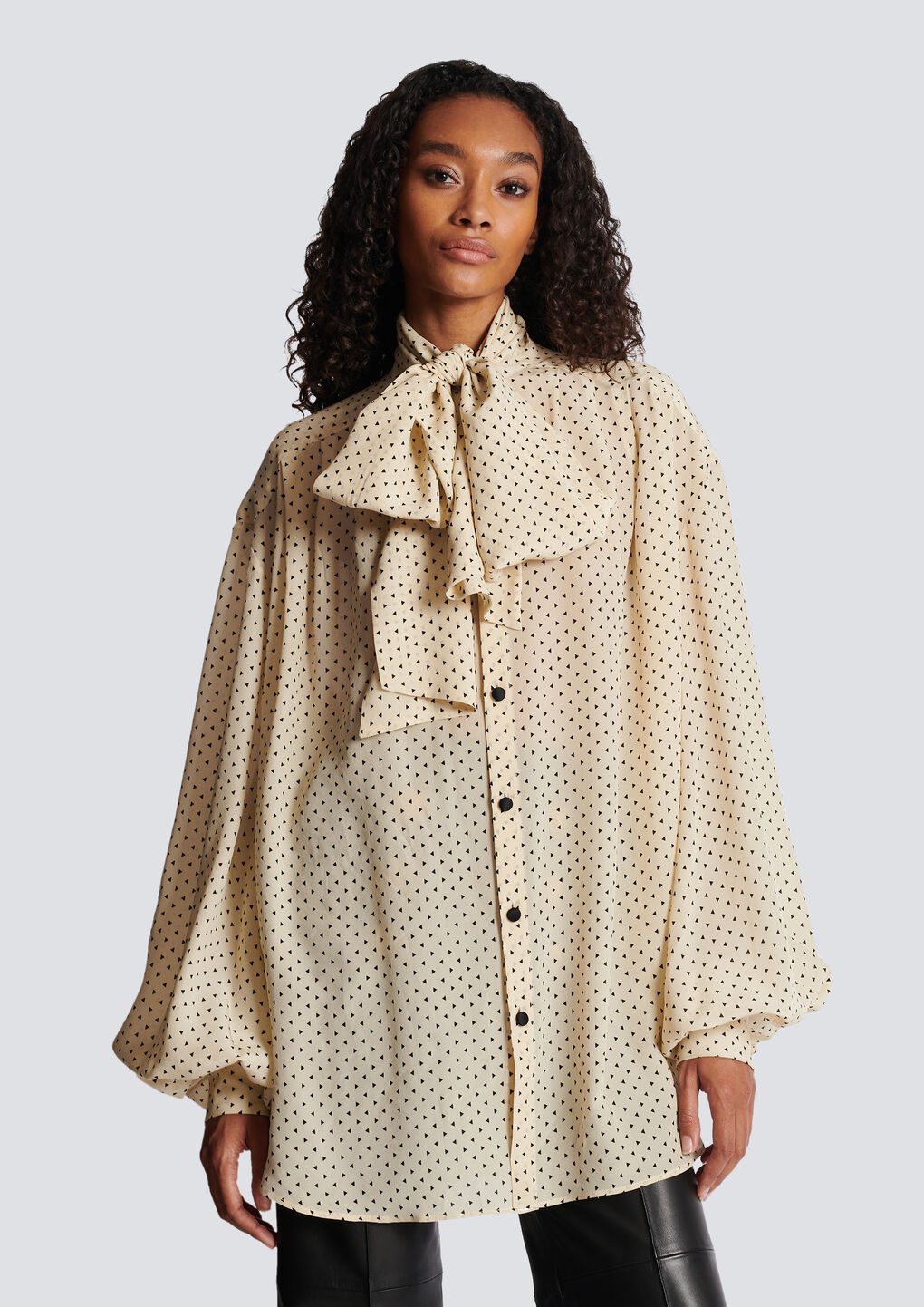 Balmain Printed Pussy Bow Silk Blouse In Nude