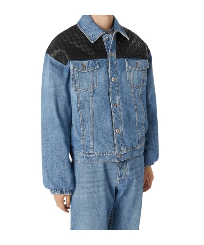 Bottega Veneta Mens Mid Blue Vintage Woven-panels Denim Jacket In Blue