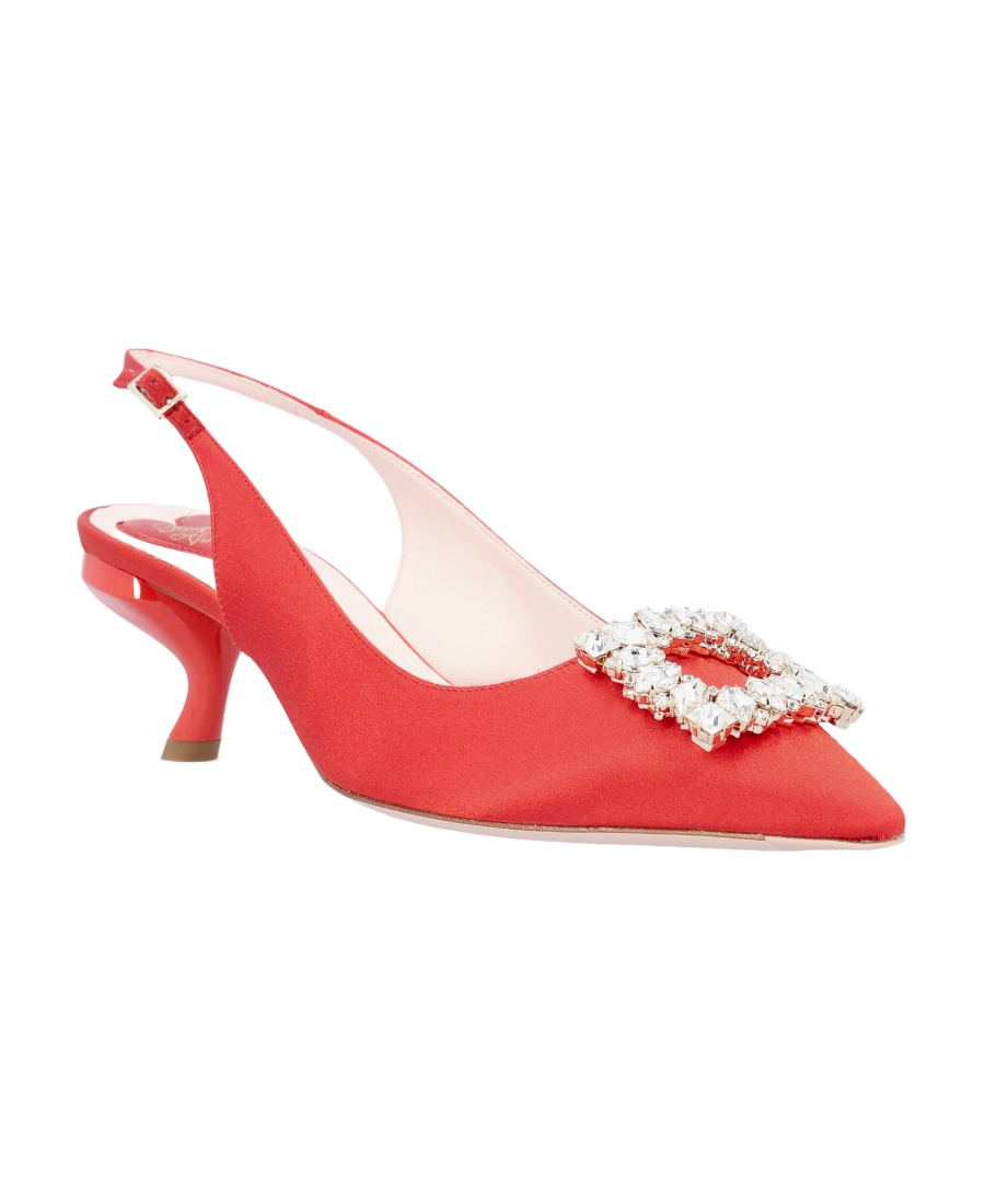 Roger Vivier Virgule Strass Buckle Slingback Pumps In Satin In Red