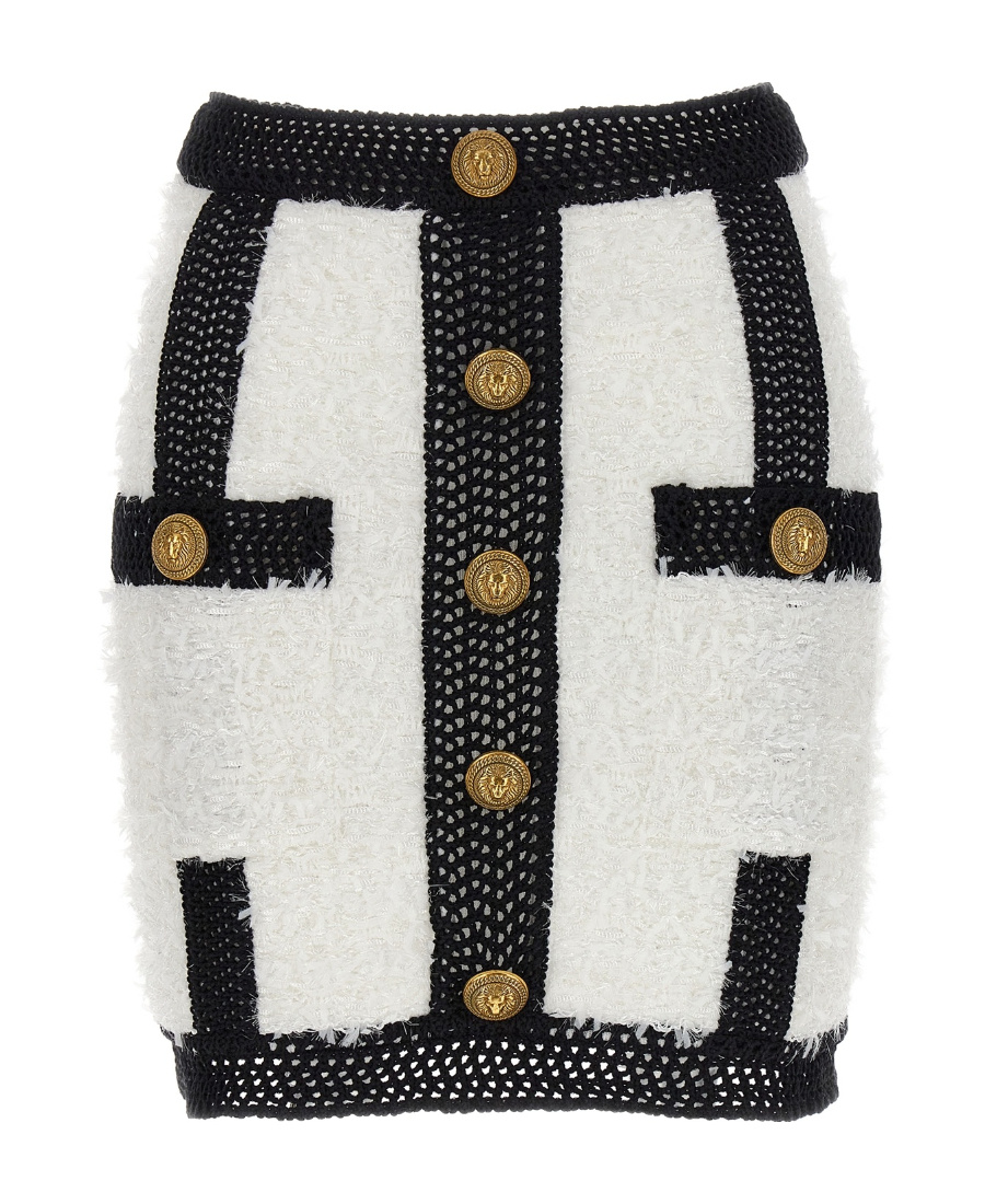Balmain Button-embellished Tweed Miniskirt In White