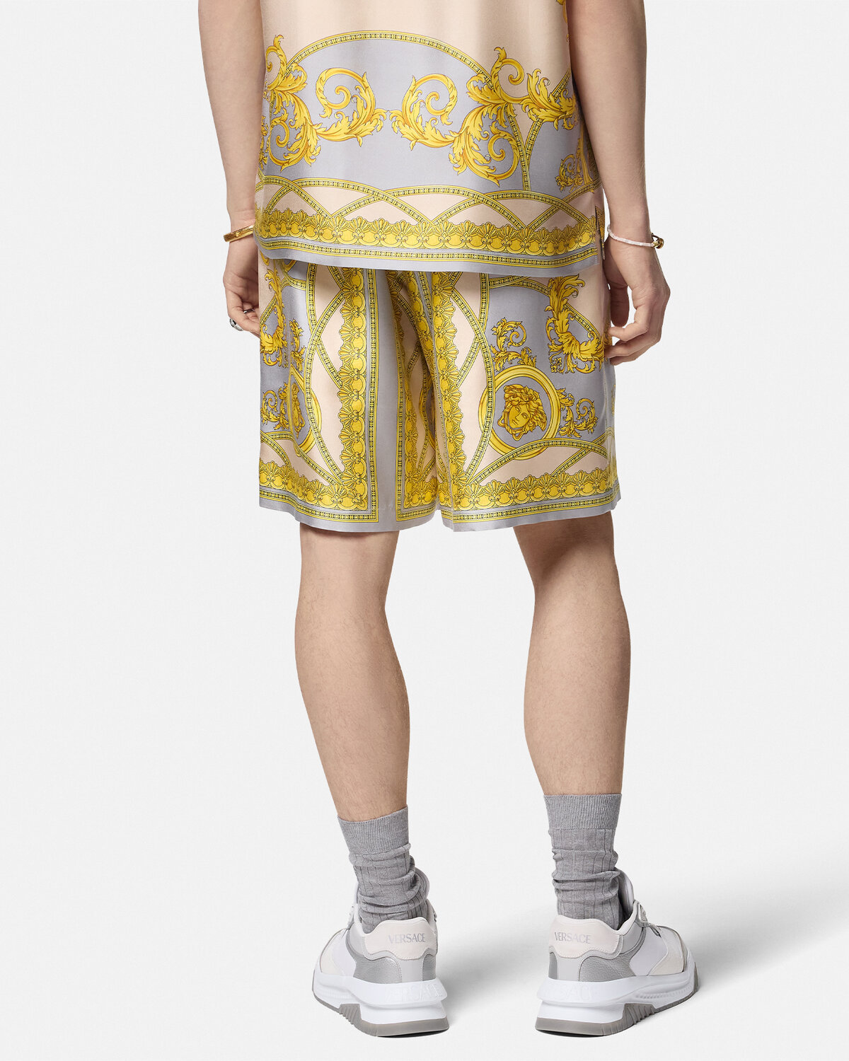 Versace La Coupe Des Dieux Print Silk Shorts In Nude