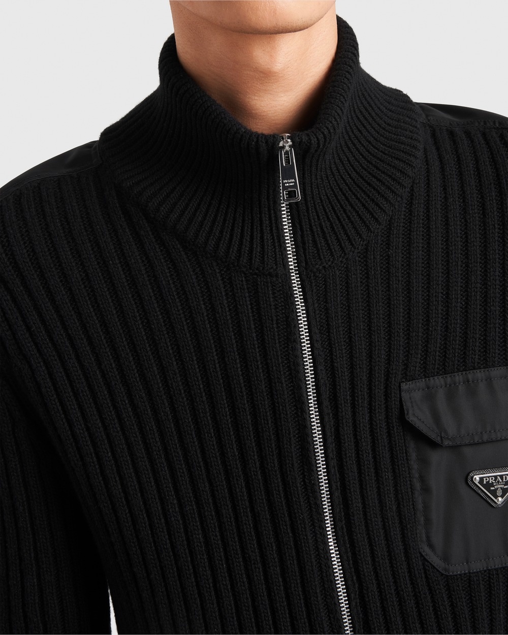 Prada Wool And Cashmere Cardigan With Re-nylon Details In Black