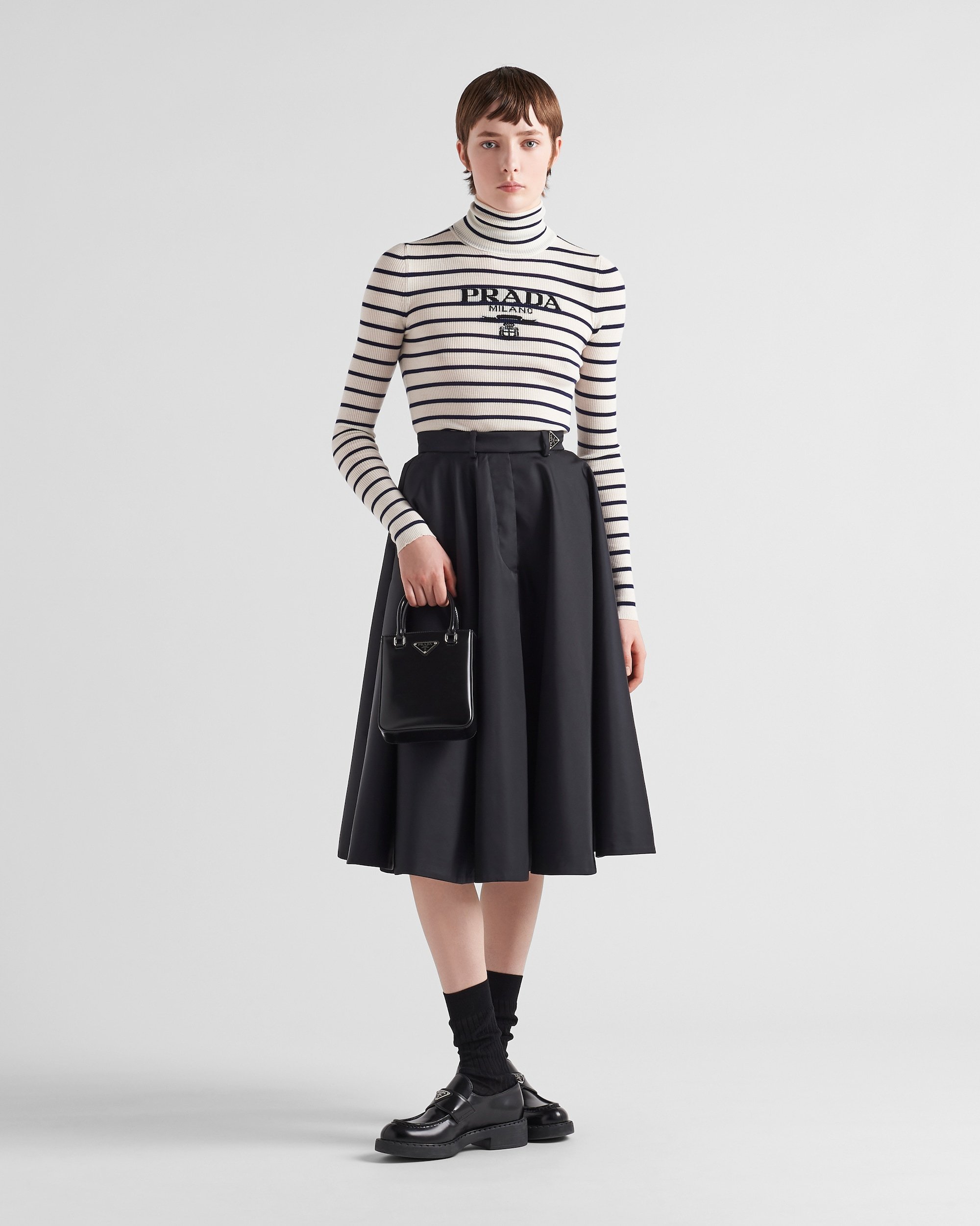 Prada Belted Nylon Gabardine A-line Midi Skirt In Black