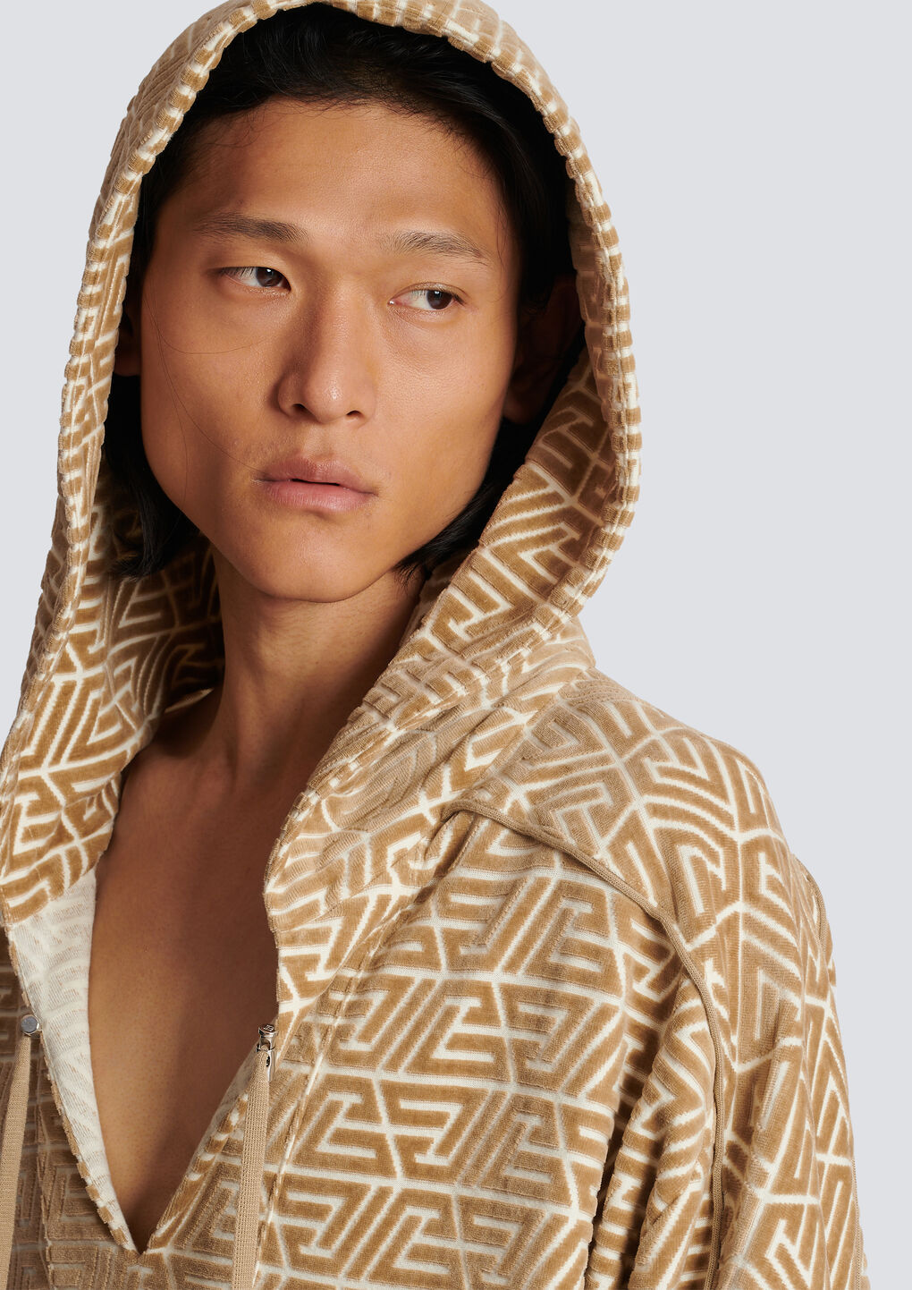 Shop Balmain Hoodie With Printed Pyramid Monogram In Nude
