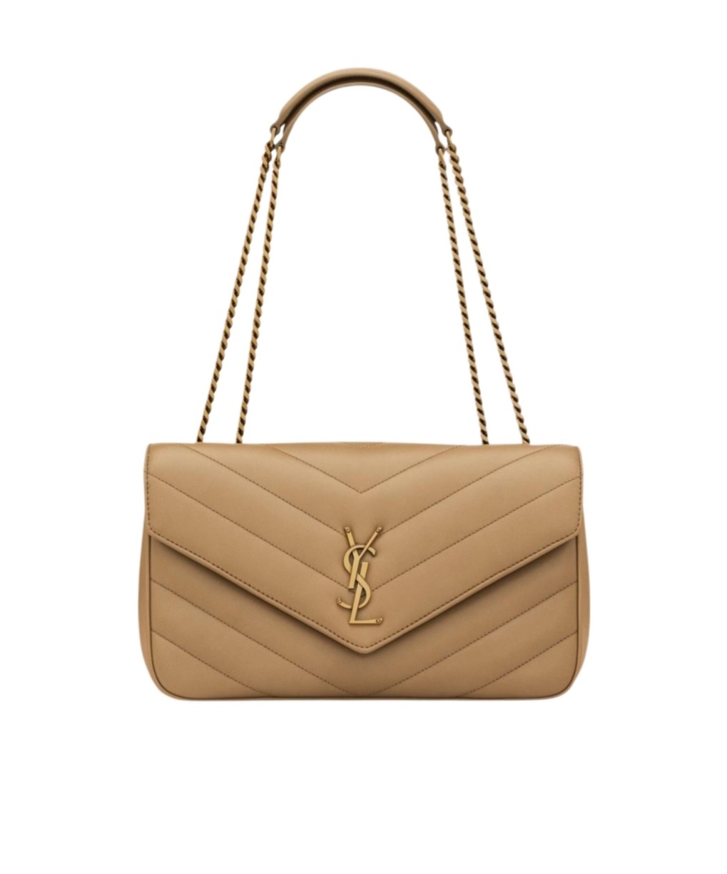 Saint Laurent Loulou Medium In Beige And Gold Quilted Leather In Brown