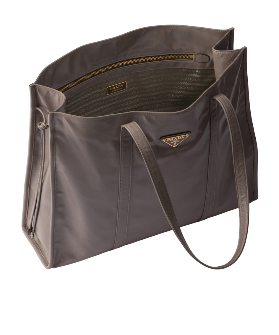 Prada Large Leather Tote Bag In Gray