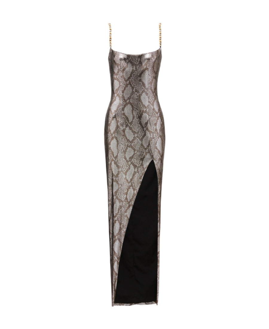 Balmain Shiny Python Gown With Chain Detail In Gray