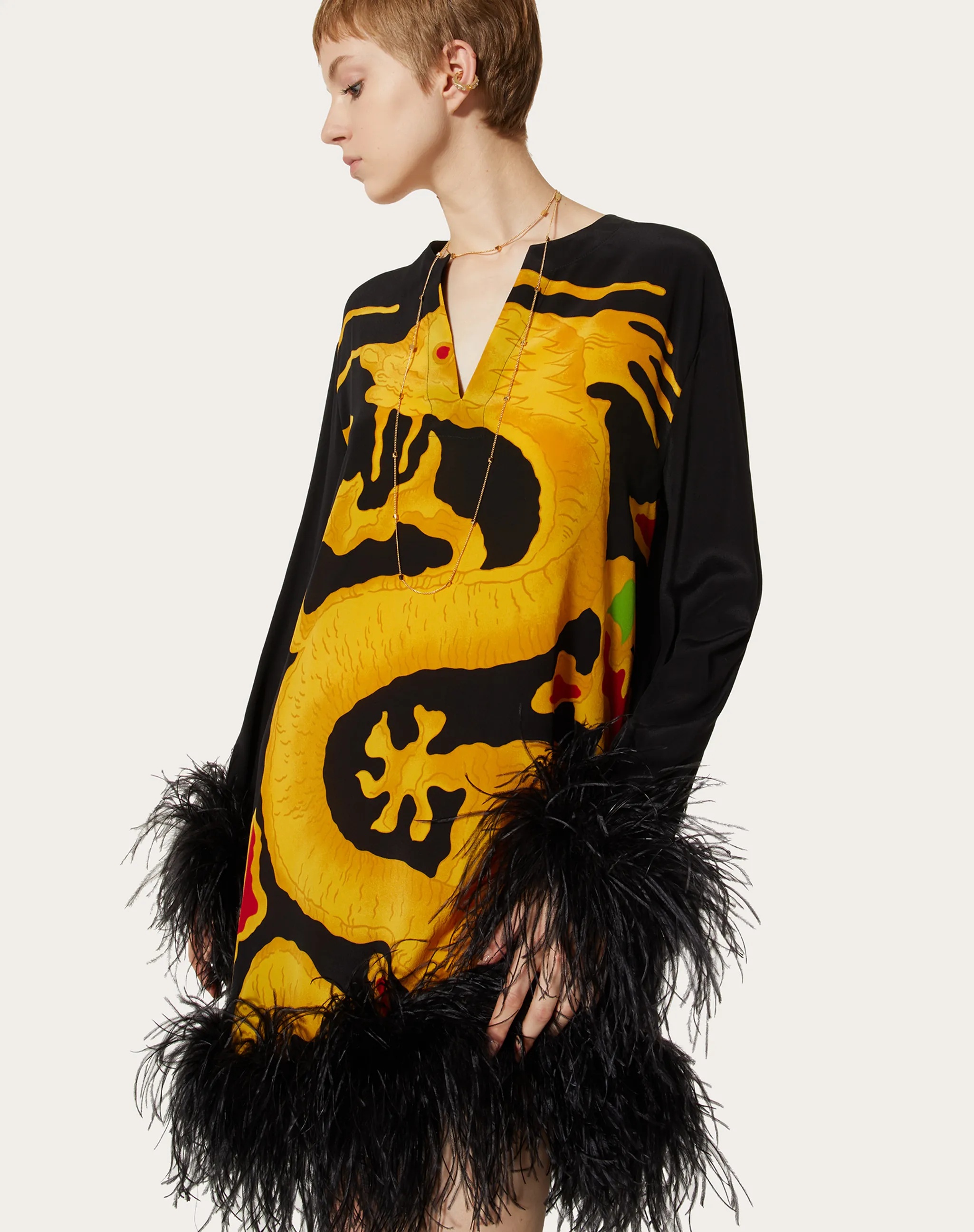Valentino Dragon-print Feather-trim Silk Dress In Brown