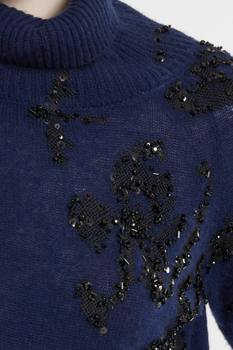 Ermanno Scervino Pure Cashmere Sweater With High Neck And Hand-embroidered Iris In Blue